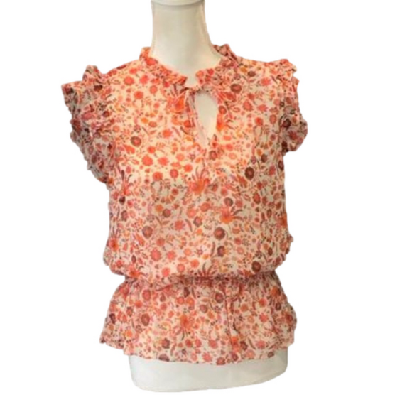 CeCe Women Blouse Orange Ruffled Bohemian Top Bay Coral Floral Sleeveless - Picture 1 of 2